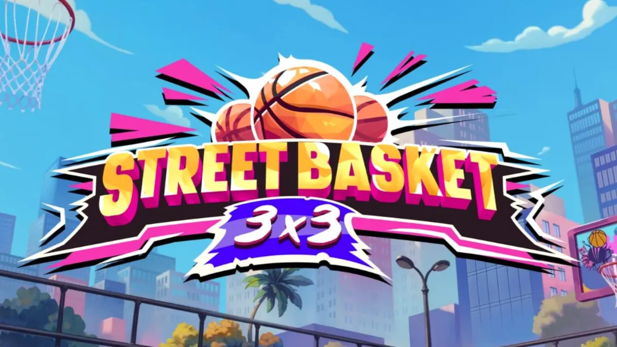 Tampilan antarmuka mobile slot Street Basket 3x3 dengan latar belakang lapangan basket jalanan.